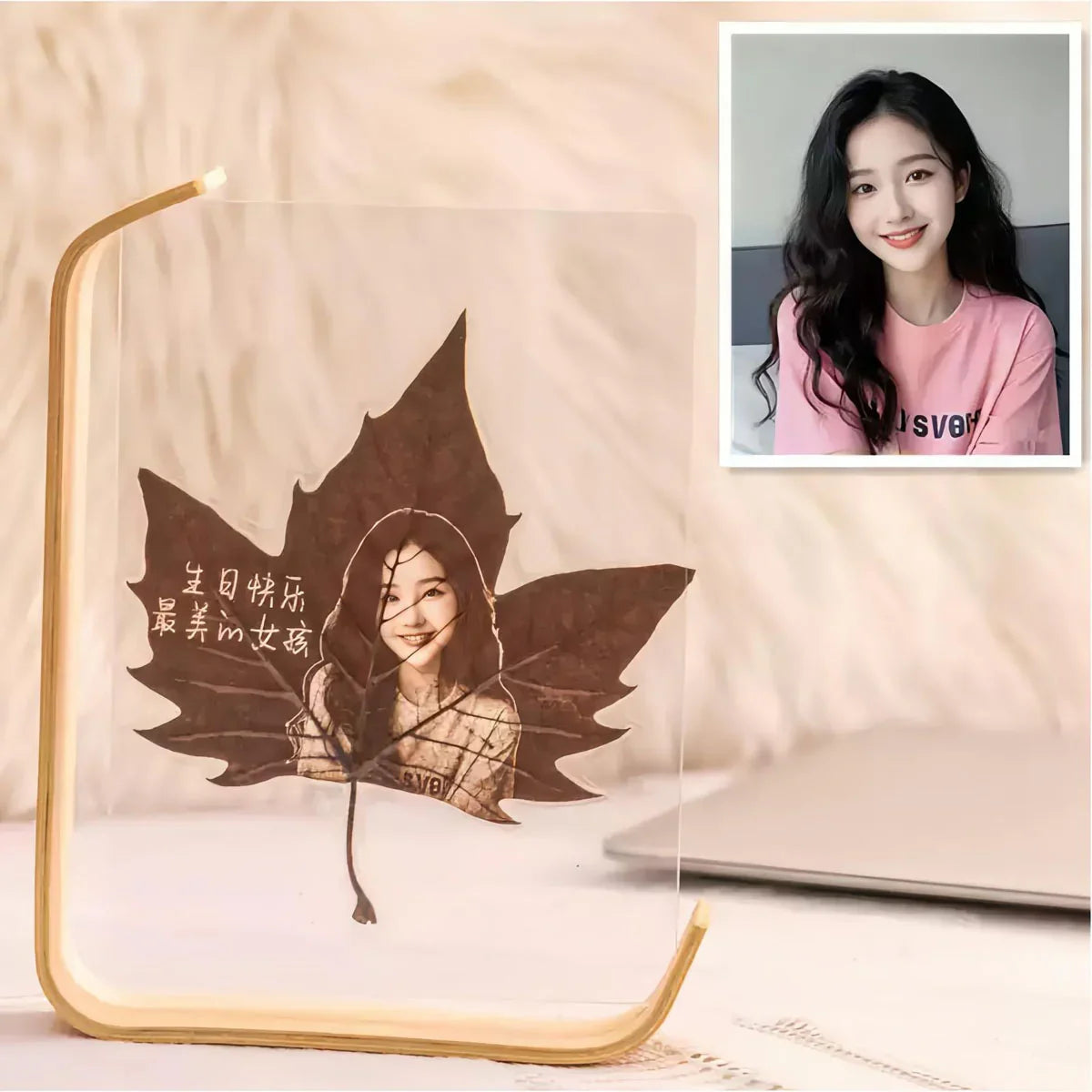 L-shaped acrylic photo frame with personalized leaf art and a custom portrait.