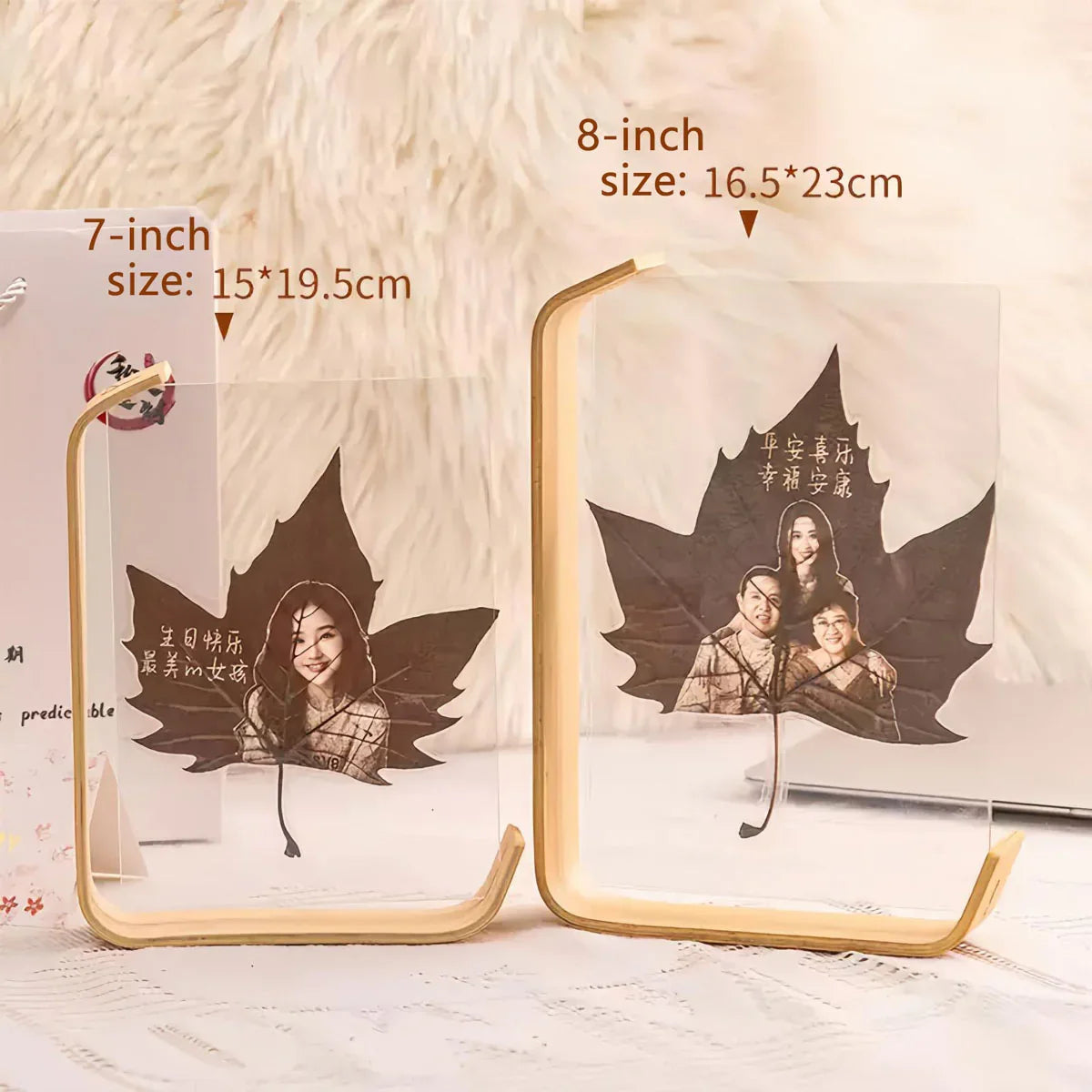 L-shaped acrylic photo frames with leaf and portrait designs in 7-inch and 8-inch sizes