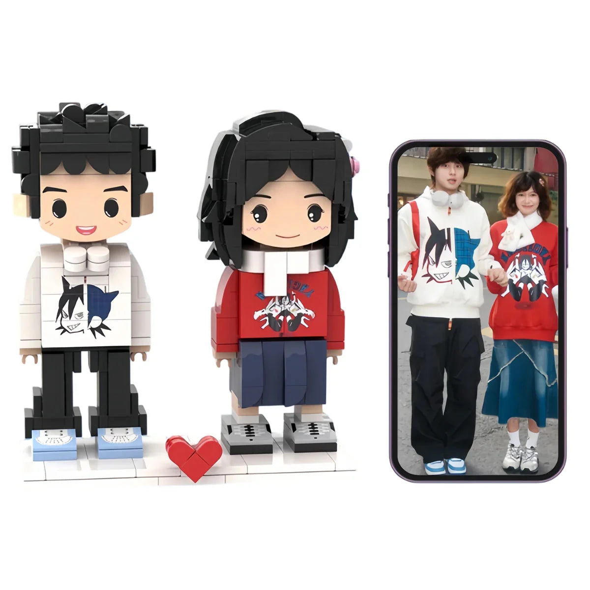 Custom couple brick figures matching photo shown on smartphone, personalized keepsake gift