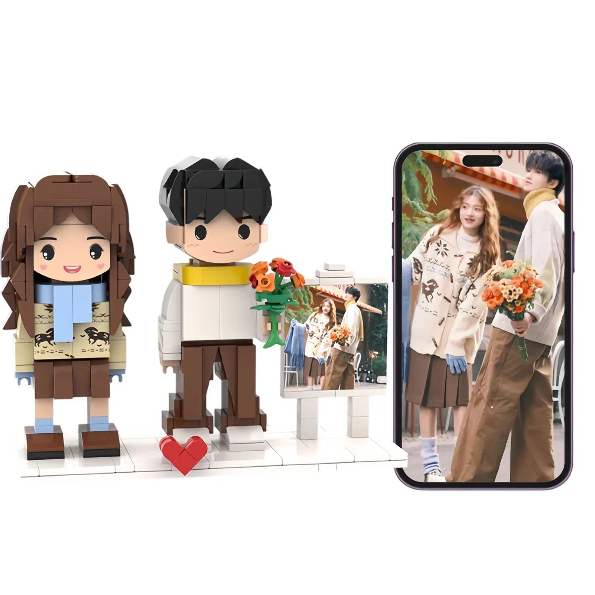 Custom brick figure couple display with matching photo, flowers, and heart accent