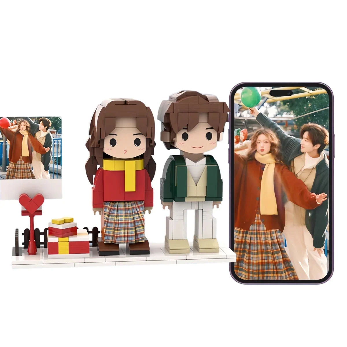 Custom block figure couple gift set with matching outfits and birthday presents