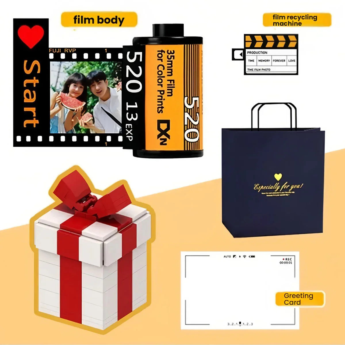 Film body building blocks gift box set with 35mm film canister, greeting card, gift bag, and clapperboard.