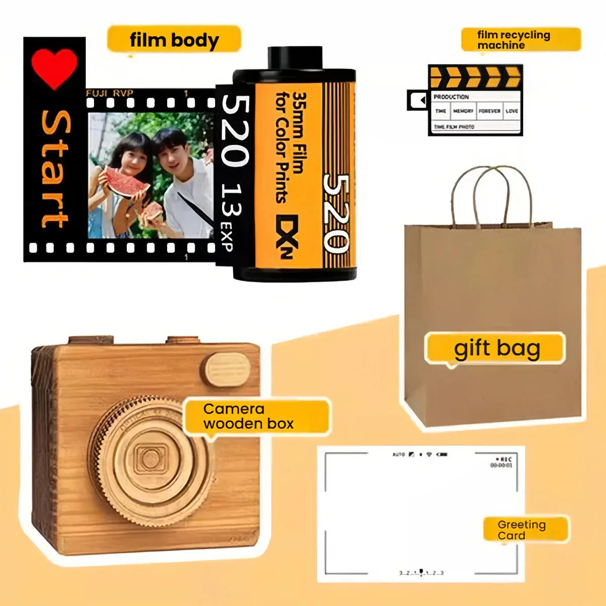 35mm film roll with photo, wooden camera box, gift bag, greeting card, and film-themed props.