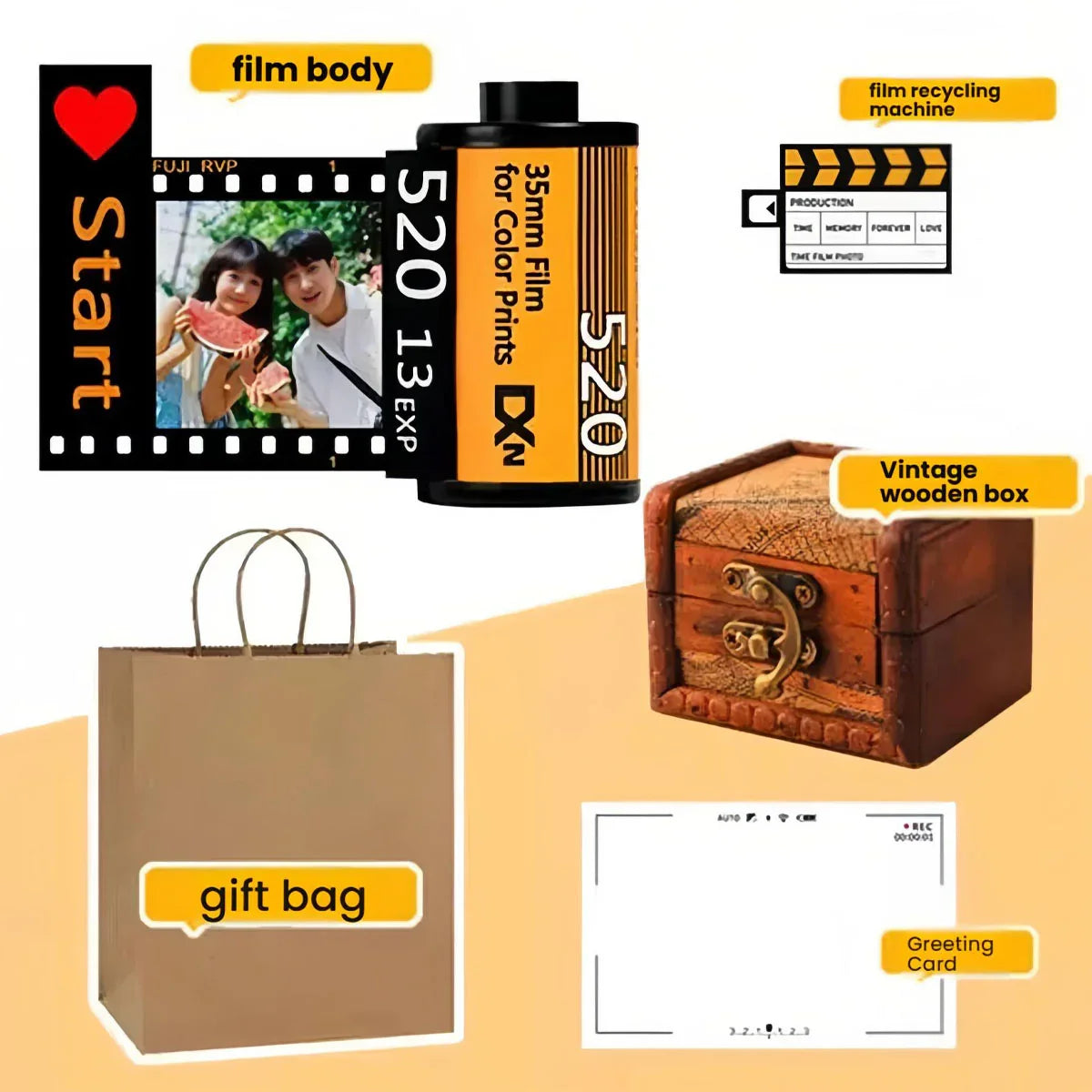 35mm film roll with developed photo, vintage wooden box, gift bag, clapperboard, and greeting card.