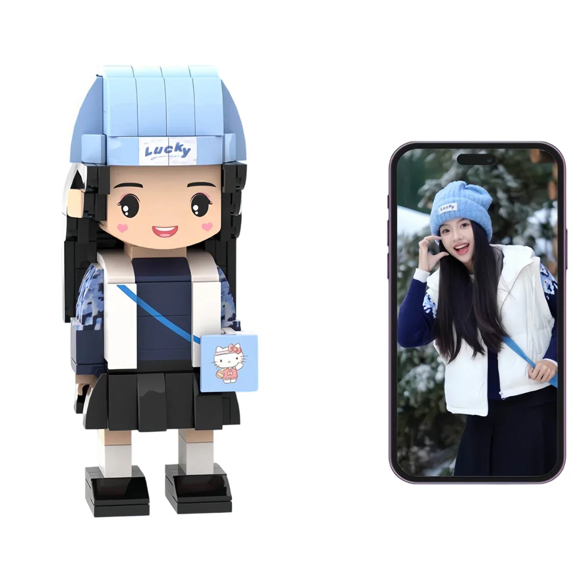Custom figurine toy modeled after a girl in blue beanie and white vest, shown beside her photo on a smartphone.