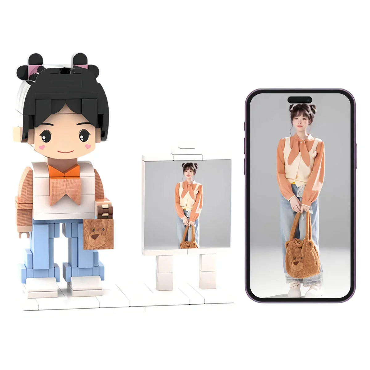 Custom photo display easel with a block-style figure and smartphone showing a portrait photo
