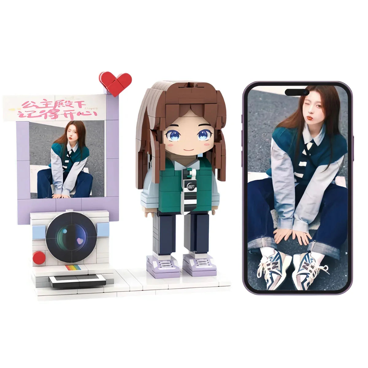 Custom block figure and instant camera set with portrait photo, personalized gift idea