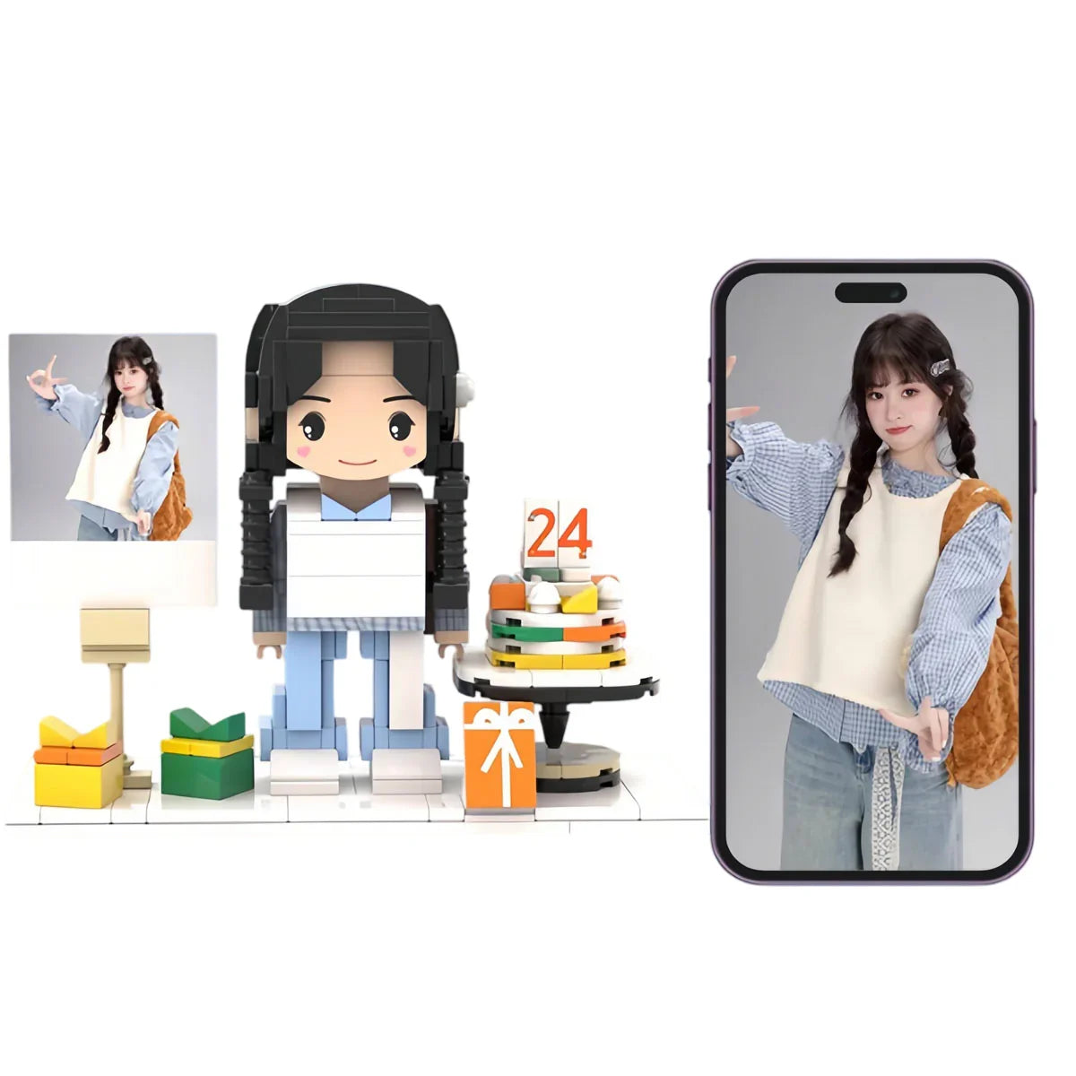 Custom birthday figurine gift with mini cake, presents, and photo personalization.