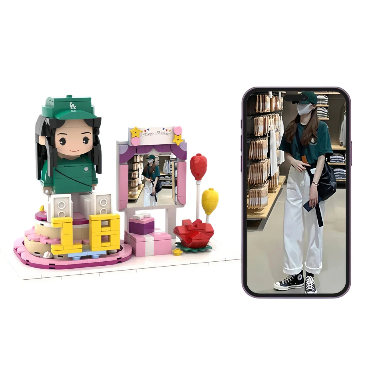 Personalized photo figure birthday keepsake with custom mini model, gifts, and balloons