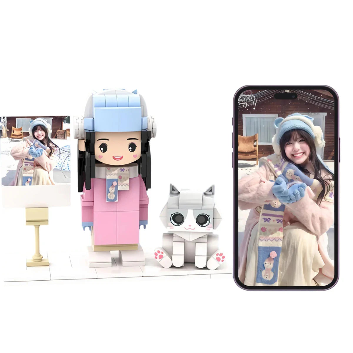 Custom brick figure and cat pet figurine displayed with reference photo and phone image