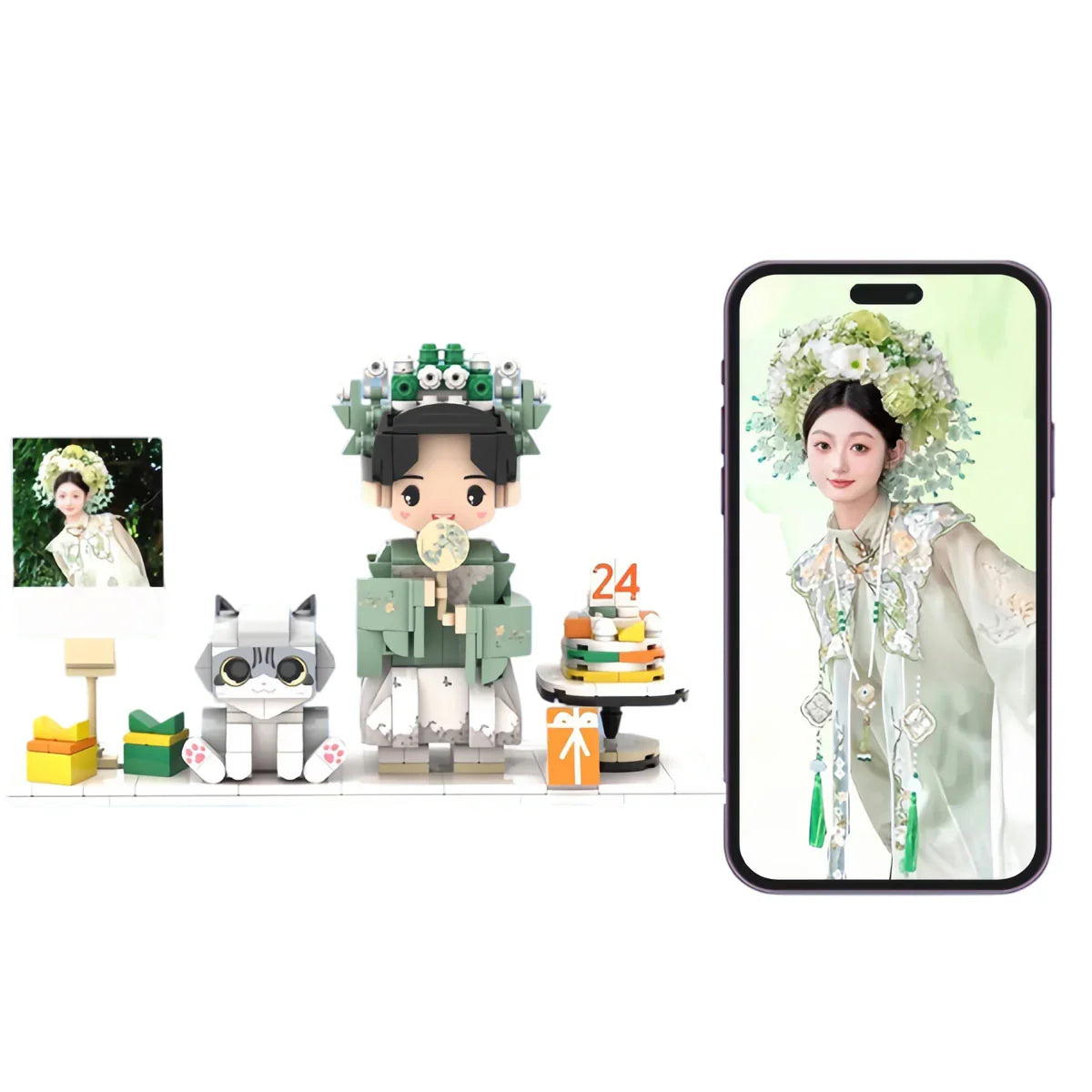 Custom photo-inspired block figurine, cat model, birthday cake, and gifts with phone portrait display.