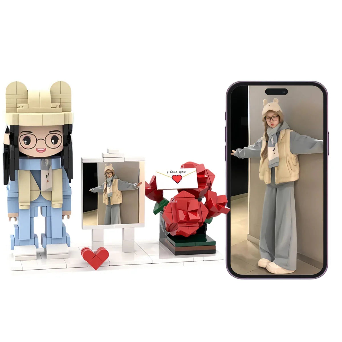 Custom photo figurine set with a red rose and heart, displayed beside a phone with a matching image