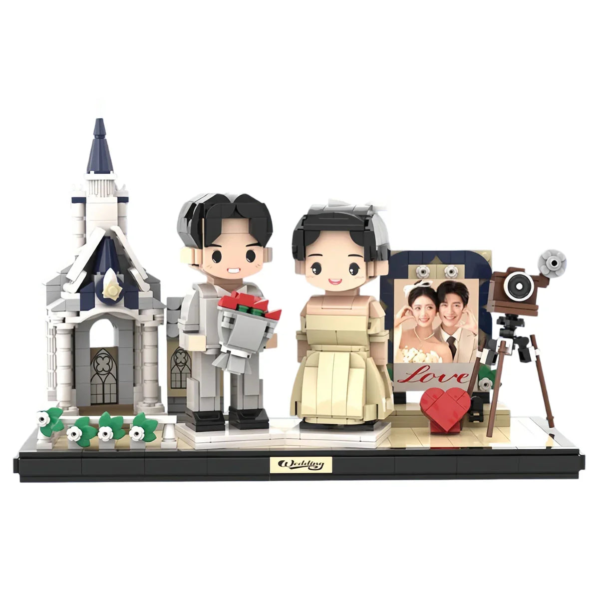 Wedding-themed building blocks set with bride and groom, chapel, camera, and love photo frame.